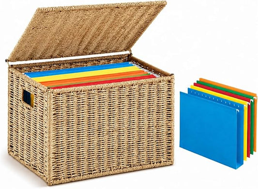 Jingmore Paper Rope File Box Organizer with 25 Hanging File Folders, Collapsible Letter Size Filing Storage Box with Lid, Handwoven Document Basket, Decorative Document Storage for Office & Home by Jingmore