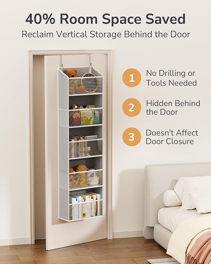 ULG Clear Over The Door Organizer 5-Tier Hanging Storage with 4 Side Pockets,Back of Door Organizer for Pantry, Bathroom, Nursery, Light Grey - Image 6