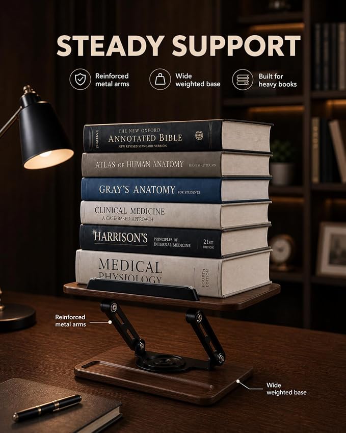 Adjustable Book Stand, Book Holders for Reading Hands Free | Ergonomic Stand for Cookbooks, Bibles, Laptops & Tablets with Page Clips and 360° Rotation - Image 3