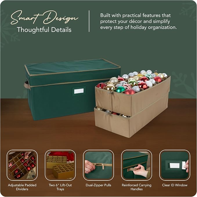 Covermates Keepsakes Adjustable Ornament Storage Box – Heavy-Duty Polyester, Padded Dividers & FlexGrid Trays – Protective Holiday Organizer with Stackable Walls & Label Window, Green - Image 4
