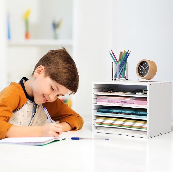 Bamjoy Bamboo 5 Tier Desktop Organizer, Paper Organizer Mail Sorter, File Holder Letter Document Storage with Adjustable Shelves for School Home Office, White - Image 7