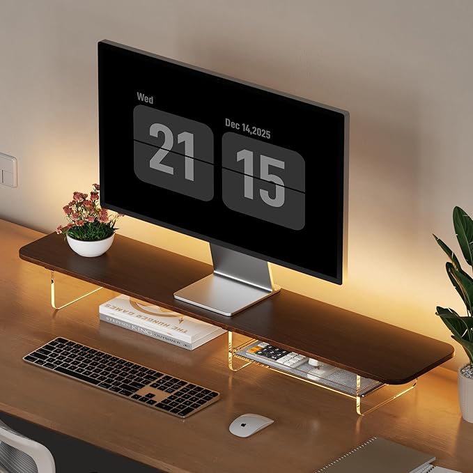 Dual Monitor Stand 43 Inch Extra Large Monitor Riser for Desk, Acrylic Clear Legs Desk Organizer Shelf with Felt Lining Storage Drawer, Compatible with Computer Laptop PC Printer Flat Screen TV by AFOOYO