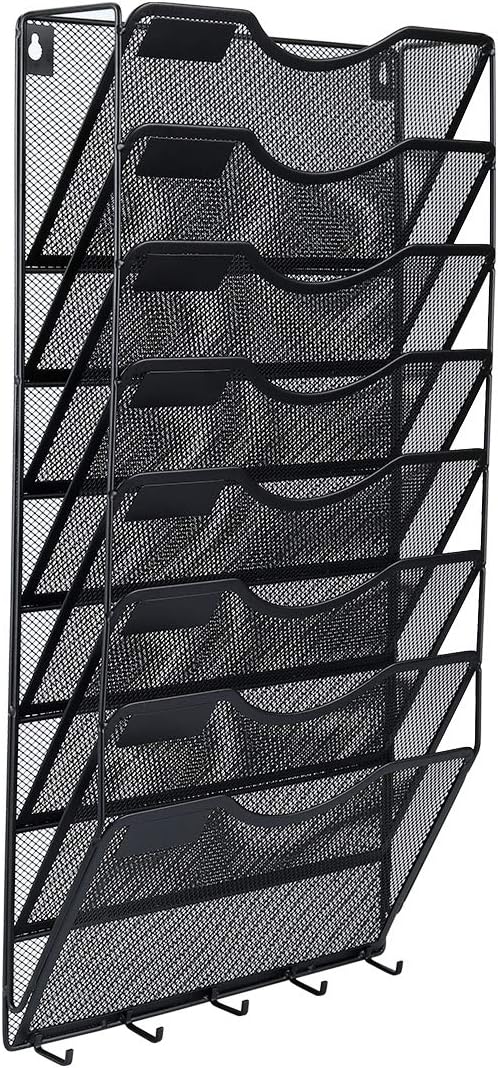 EasyPAG 8 Pocket Mesh Wall File Organizer with Key Hooks, Hanging Paper Folder Holder with Classify Label, Vertical Wall Mount Mail Organizer for Office Home Classroom, Black - Image 2
