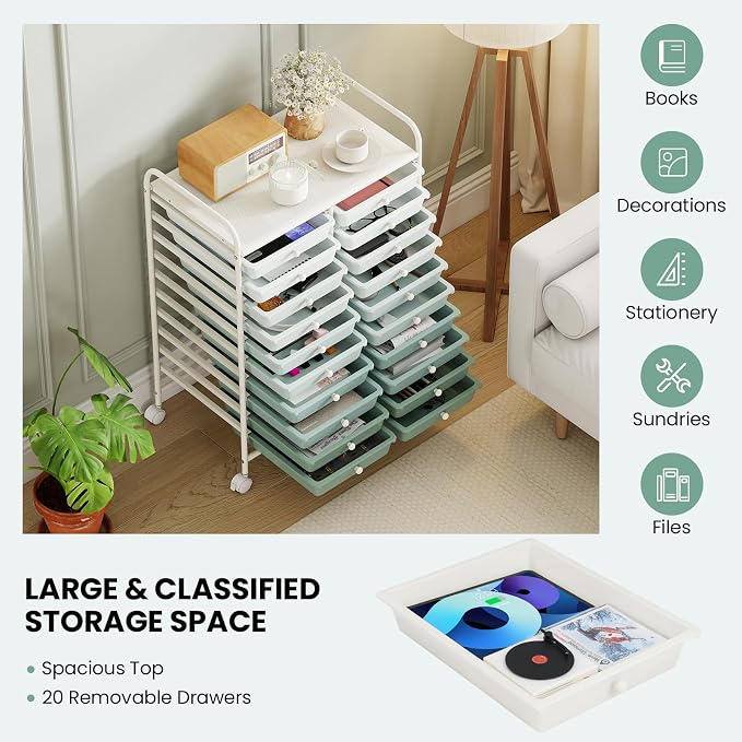 Giantex 20 Drawers Rolling Cart, Mobile Storage Drawer Cart, Classroom Organizer Cart for Office School Supplies Tools Scrapbook Paper Craft Small Printer, Utility Cart on Wheels, Green Gradient - Image 6