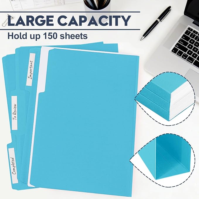 File Folders,Colored File Folders Letter Size 8.5" x 11",150 Pack 1/3 Cut Tab Bulk Durable Paper Folders with Blank Labels,File Folder for Office Business School Home Use,Lake Blue - Image 4