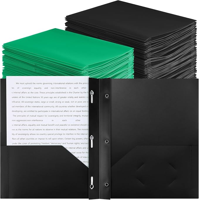 Cholemy 72 Packs Pocket Folders with Prongs Heavy Duty Plastic Folder with Business Card Slot 3 Prong Fasteners for School Office (Black,Green) by Cholemy