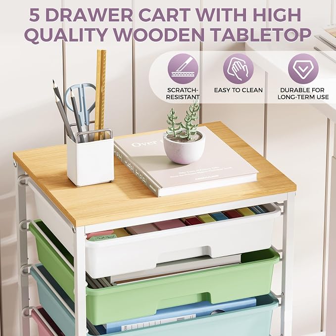 SYKIARIOL 5-Tier Rolling Cart with Drawers with Wooden Top, Ice Cream | Mobile Craft Storage Drawer Cart Trolley for Home Office, Classroom, Craft Room & Kid Room - Image 5