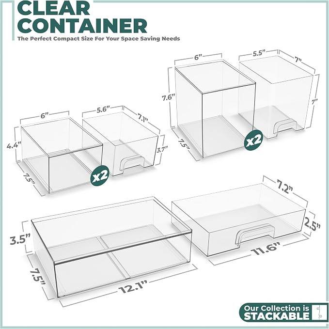 Sorbus Acrylic Storage Containers - 5 Pack, Stackable Storage Bins Set for Bathroom Organization - Clear Acrylic Drawer Organizers - Makeup Case Pull-Out Drawers (7.6’’ and 4.4’’ Tall and 12.1’’ Wide) - Image 3