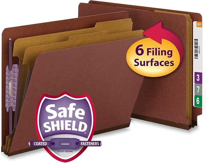 Smead 100% Recycled End Tab Pressboard Classification File Folder with SafeSHIELD Fasteners, 2 Dividers, 2" Expansion, Letter Size, Red, 10 per Box (26860) - Image 5