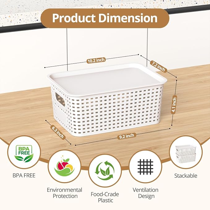 Plastic Storage Basket with Lid, Stackable Small Box Bins for Organizing and Containers for Shelves Drawers Desktop Closet Playroom Pantry Classroom Office Home, 8 Pack 10.2x7.2x4.1 Inch, White - Image 2