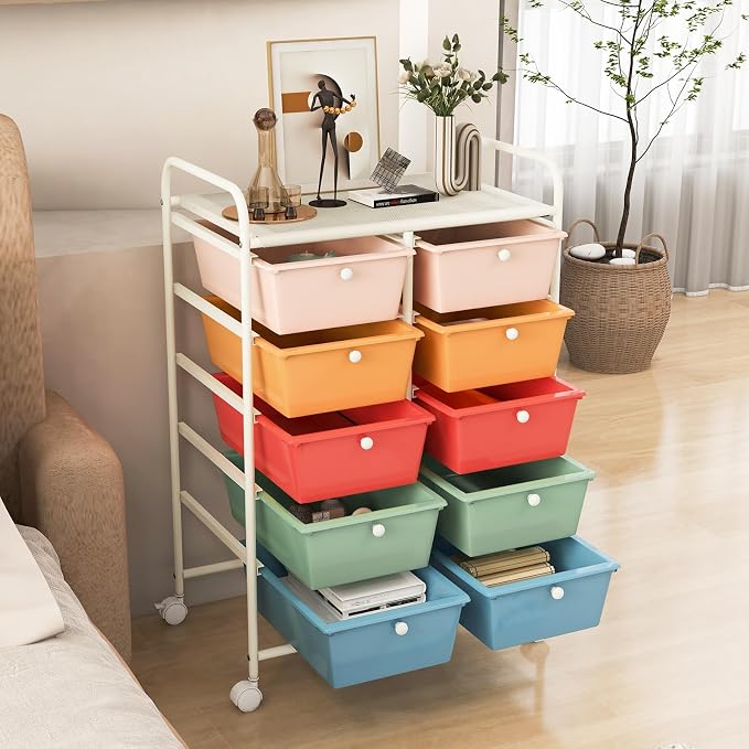 COSTWAY 10 Drawer Rolling Storage Cart, Utility Cart with Lockable Wheels | Mobile Art Supply Craft Organizer with Metal Frame, Multipurpose Drawer Cart for Paper for Office, School, Macaron - Image 8