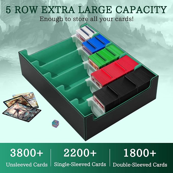 5 Row Trading Card Storage Box, 3800+Bulk Card Organizer Box with 20 Dividers & 5 Supporters, Graded Card Deck Box for YuGiOh, MTG, TCG Black/Green - Image 2