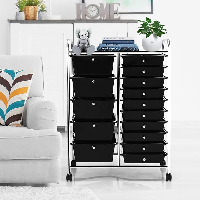 COSTWAY 15 Drawer Rolling Storage Cart, Mobile Storage Organizer | Removable Drawers & Metal Frame, Multipurpose Utility Tools Paper Organizer on Wheels for Home, Office (Black) - Image 9