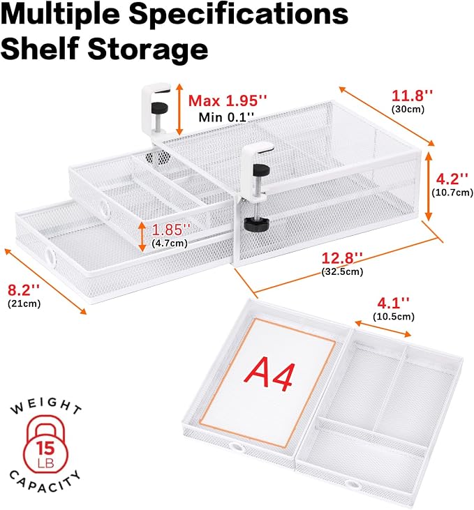 Under Desk Drawer, Clamp on Desk Organizer Slide Out Table Storage No Drill | 2Tier Under desk drawer: clamp on desk organizer, under desk drawer slide out, hanging desk organizer, no drill table storage - Image 3