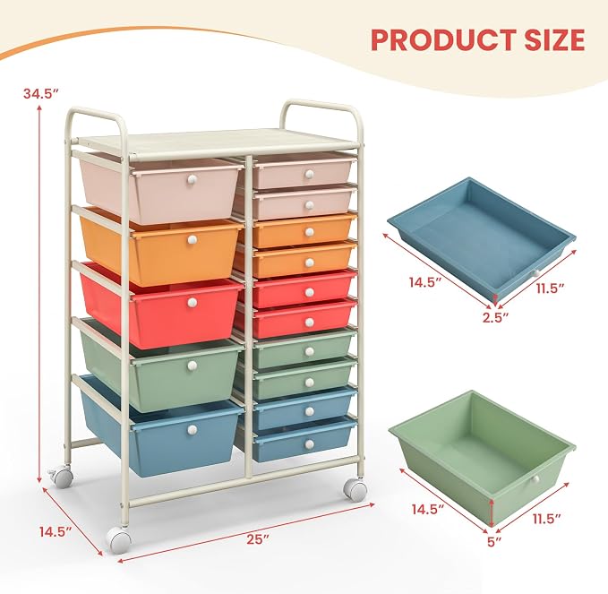 GOFLAME 15-Drawer Rolling Storage Cart, Craft Storage Cart with Removable Drawers & Lockable Wheels, Art Cart Supply Storage Organizer for Home Office Classroom, Macaron Color - Image 3