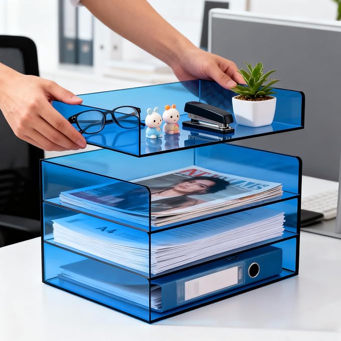 Gelite Acrylic File Organizer for Desk 4 Tiered Stackable Letter Tray Office Paper Storage Desktop Document Sorter, Blue - Image 3