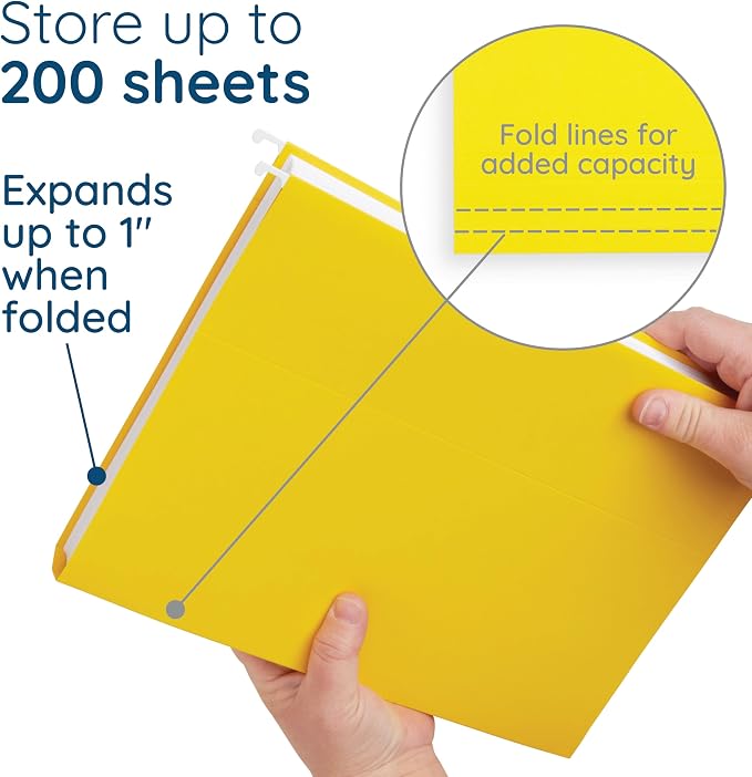 Blue Summit Supplies 50 Hanging File Folders, Letter Size, Yellow | Reinforced letter size, 1/5 cut tabs, plastic tabs and inserts included, for filing cabinet, home, and office - Image 3