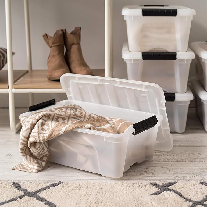 IRIS USA 6-Pack 13 Quart Storage Bins with Lids, Pearl | Conceals contents for a clean look. Ideal for shoes, photos, documents, and small essentials. Nestable design saves space - Image 3