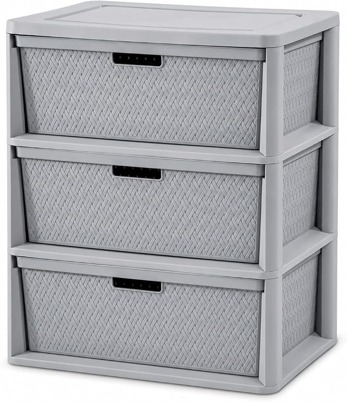 3-Drawer Storage Tower, Gray Woven Plastic Organizer with Pull Handles by Unknown