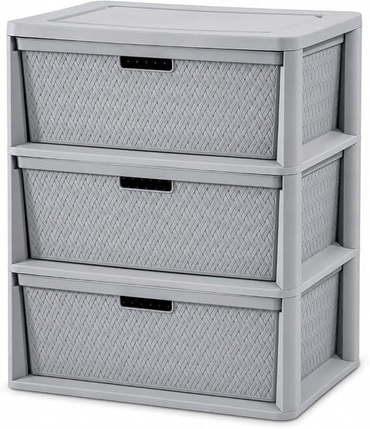 3-Drawer Storage Tower, Gray Woven Plastic Organizer with Pull Handles by Unknown