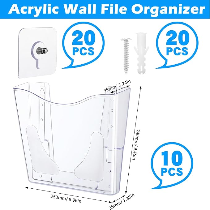RattanView 10 Pack Acrylic Wall Pocket File Holders Single Pocket Wall Mount File Organizer Hanging Mail Magazines Organizers for Office Home Classroom(Transparent) - Image 2