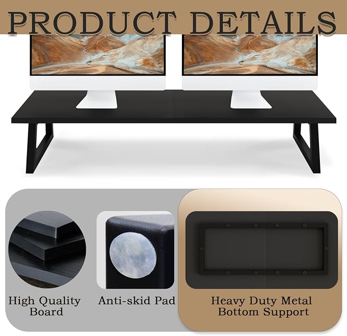 TEAMIX 31.5 inch Dual Monitor Stand Riser, TV Riser, Black Desk Organizer | For 2 Monitors/Laptop/Printer, Long Computer Stand, Wood & Steel, Holds 150 lbs, PS5/Keyboard Storage, For Home Office Gaming - Image 6