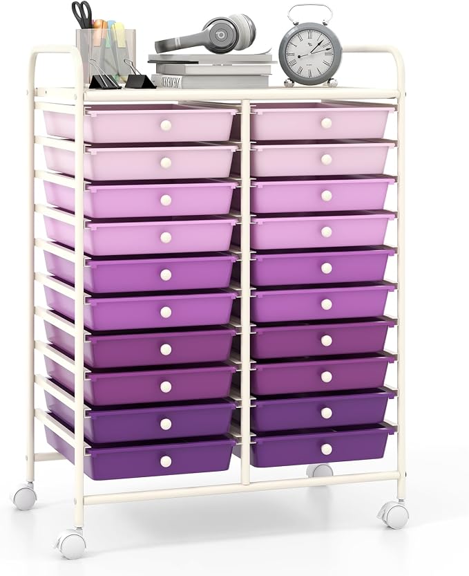 Giantex 20 Drawers Rolling Cart, Mobile Storage Drawer Cart, Classroom Organizer Cart for Office School Supplies Tools Scrapbook Paper Craft Small Printer, Utility Cart on Wheels, Gradient Purple by Giantex