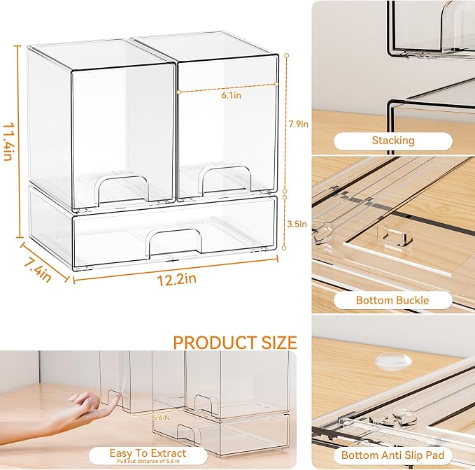 3 Set Baby Bottle Organizer for Countertop,BPA Free Bottle Station Organizer for Breast Pump Parts,Pacifier and Baby Accessories,Clear Stackable Storage Drawers and Home Edit Storage Containers - Image 3