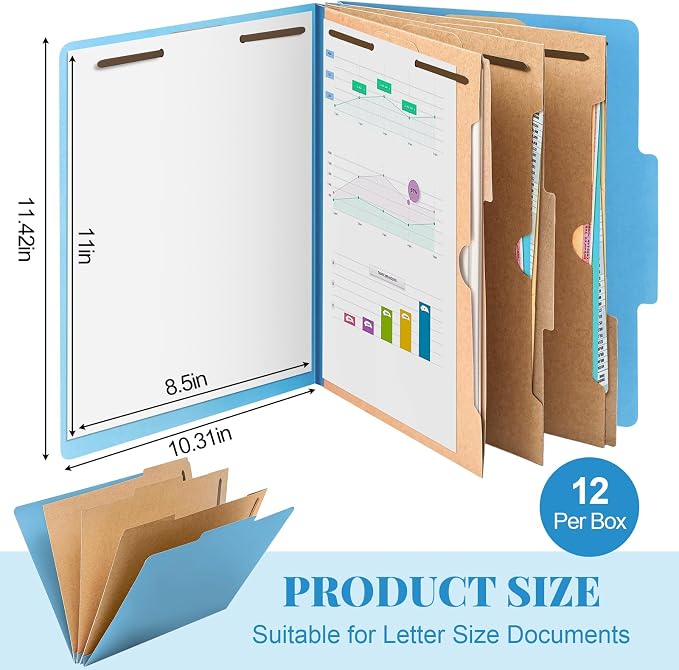 Skyygemm 12 Pcs Classification Folders 3 Pocket Dividers Letter Size Employee File Folder with 2 Prong Fasteners 2 in Expansion Pressboard Medical Document Organizers Bulk for School Office(Blue) - Image 2