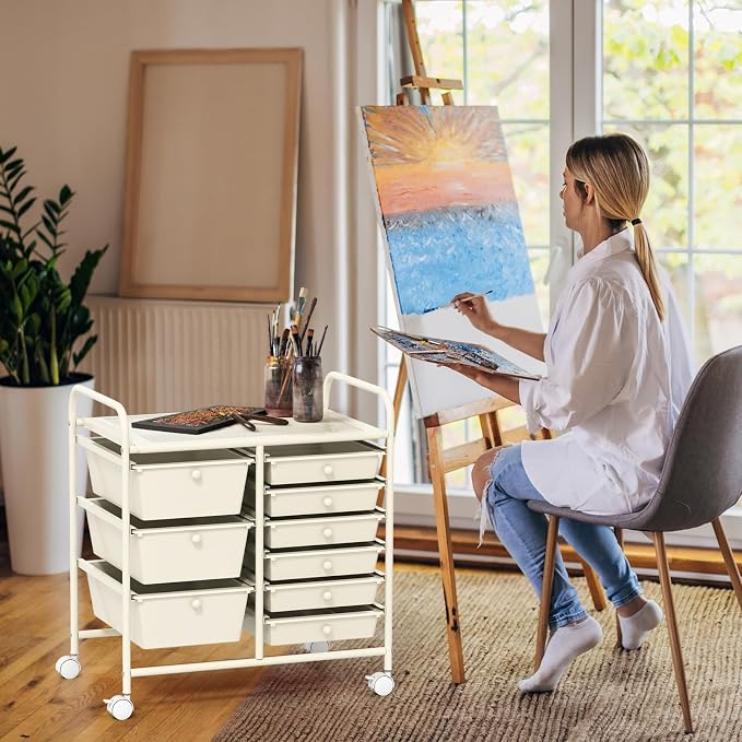 COSTWAY Rolling Storage Cart with 9 Drawer, Utility Cart with Metal Frame | Mobile Art Supply Craft Organizer, Multipurpose Storage Organizer for Paper, Office, School Teacher, Classroom, White - Image 2