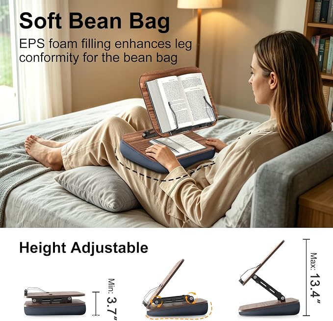 Lap Bean Bag Book Holders for Reading Hands Free, Adjustable Book Stand | Hands-Free Reading Pillow Stands with Page Clips, Book Holder Rest for Bed Desk Couch, Recipe Kitchen Readers Lovers Gifts - Image 4
