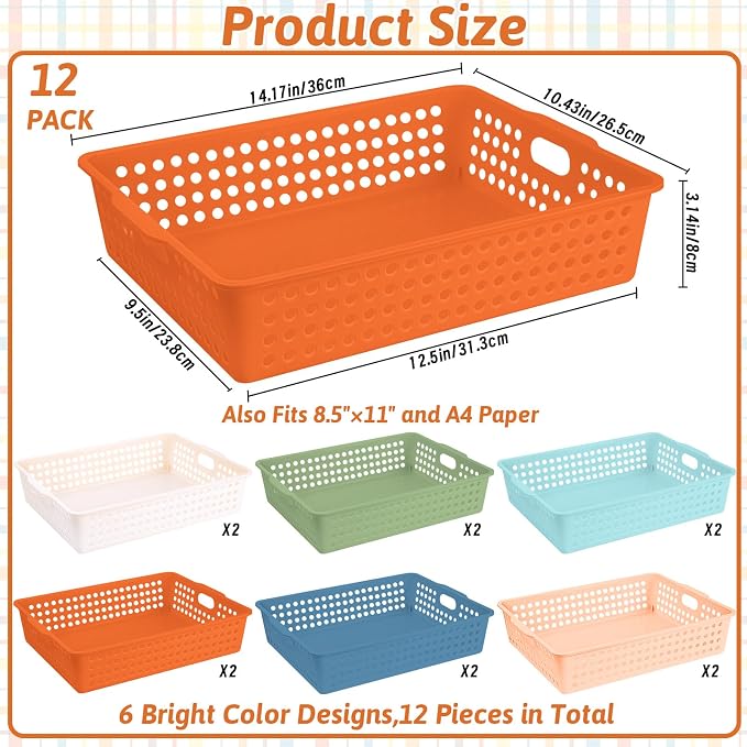 12 Pcs Plastic Classroom Storage Basket Bulk 14 x 10 In Turn in Paper Trays for Classroom A4 Size Colorful Storage Organizer Bin with Handles Stackable Container for Playroom Home Office School Supply - Image 2