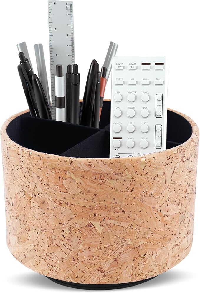 Round Leather Art Supply Organizer,Remote Control Holder,360 Degree Spinning,Multi-Functional Pencil Holder,4 Compartments Desktop Stationary Organizer(1-Wood Leather Gold)
