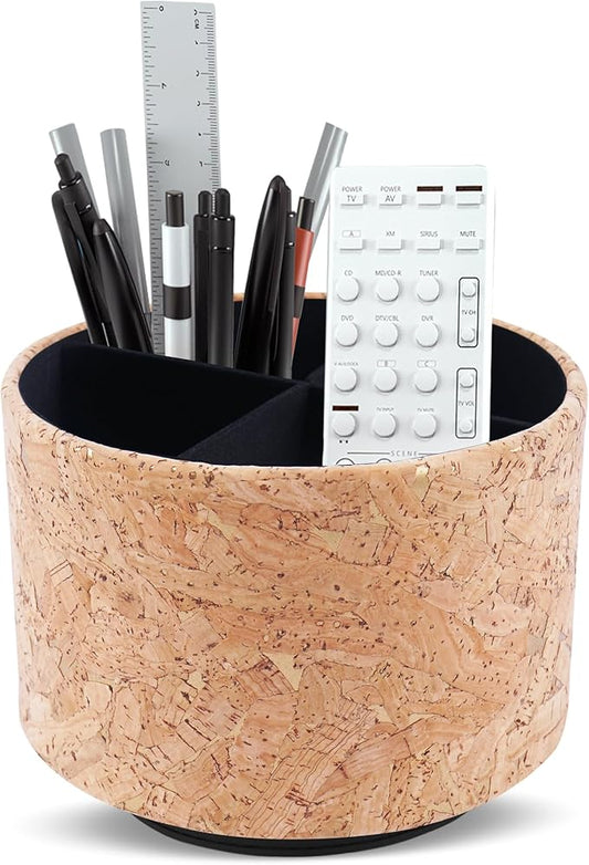 Round Leather Art Supply Organizer,Remote Control Holder,360 Degree Spinning,Multi-Functional Pencil Holder,4 Compartments Desktop Stationary Organizer(1-Wood Leather Gold)