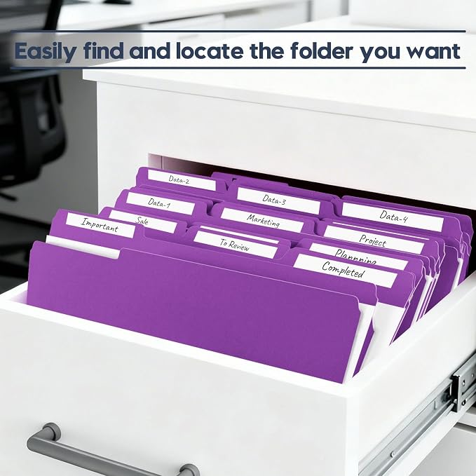 File Folders,Colored File Folders Letter Size 8.5" x 11",150 Pack 1/3 Cut Tab Bulk Folders,Durable Paper Folders with Blank Labels for Office Business School Home Use,Vivid Purple - Image 6