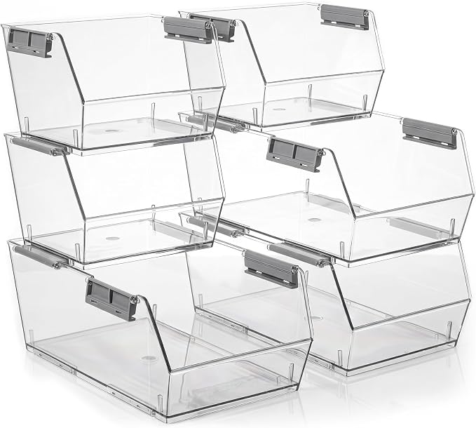 HOMESTEAD Set of 6 Stackable Storage Bins, 3 Large + 3 Small Clear Plastic Organizer Bins, Open Front Design for Kitchen Pantry, Fridge, Cabinet, Bathroom Organization and Snack Storage by Homestead