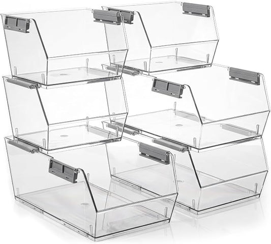 HOMESTEAD Set of 6 Stackable Storage Bins, 3 Large + 3 Small Clear Plastic Organizer Bins, Open Front Design for Kitchen Pantry, Fridge, Cabinet, Bathroom Organization and Snack Storage by Homestead