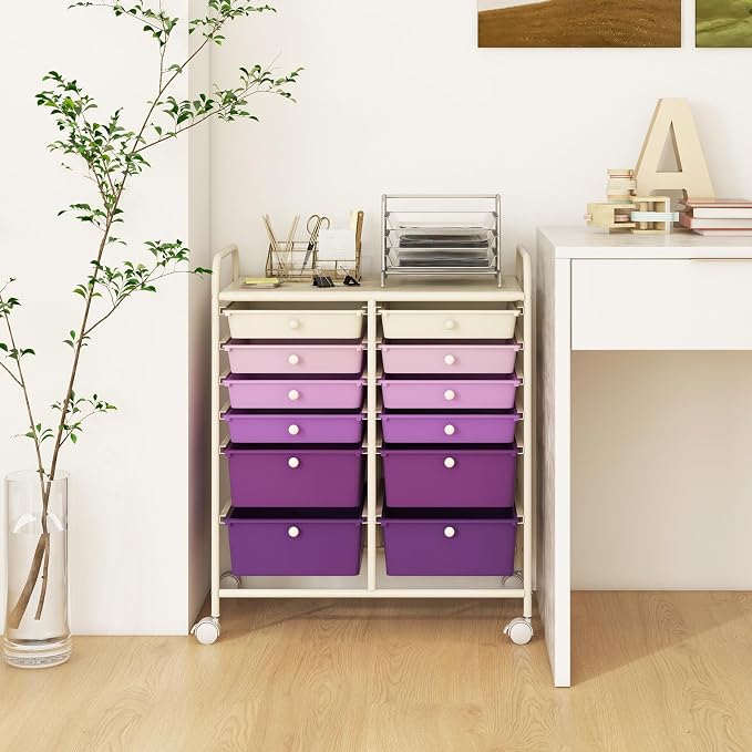 COSTWAY 12-Drawer Rolling Storage Cart, Moveable Art Craft Organizer | Lockable Wheels, Metal Shelf, Files Arrangement Tools Makeup Storage Cart for Office, Home, School (Purple Gradient) - Image 2