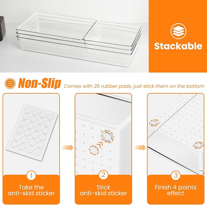 12 Pack Clear Plastic Drawer Organizer Set, Acrylic Non Slip Non Cracking Kitchen Drawer Storage Tray Large Size Divider, Multifunctional Storage for Cosmetics, Bathroom, Tools, Kitchen and Office - Image 3