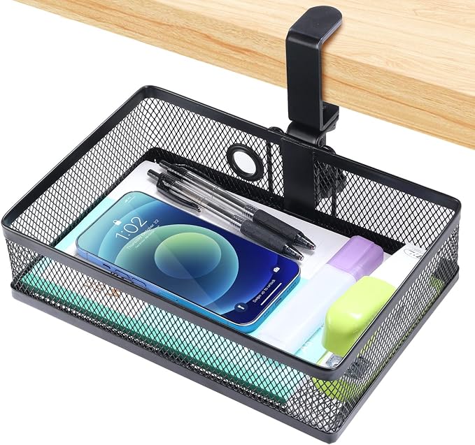 ROSYLINE Under Desk Storage Basket Hanging Drawer Tray, Clamp On Organizer | hickened C-Clamp, High Load No Deformation Sag-Proof, Steel Construction, Clip-On No Drill Mount, Office & Household Storage by ROSYLINE