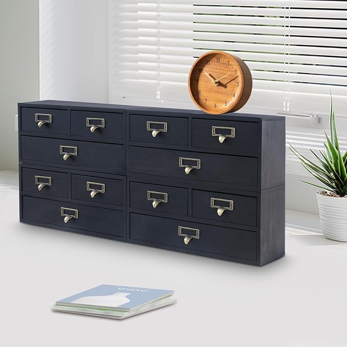 4-Piece Desktop Storage Drawer Set with 12 Drawers, Pine Wood & Metal Desk Organizer, Stackable Multi-functional Stationery Cosmetic Storage Box for Home Office Study Dorm(Black) - Image 2