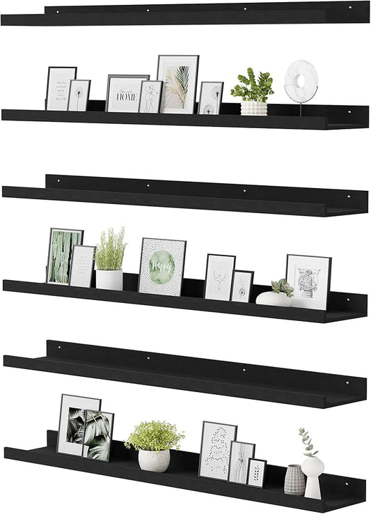 upsimples Floating Shelves for Wall, 47.3 Inch Shelves for Decor Storage Set of 6, Wall Mounted Wood Shelf for Bedroom, Living Room, Bathroom, Kitchen, Long Picture Ledge Shelves, Black