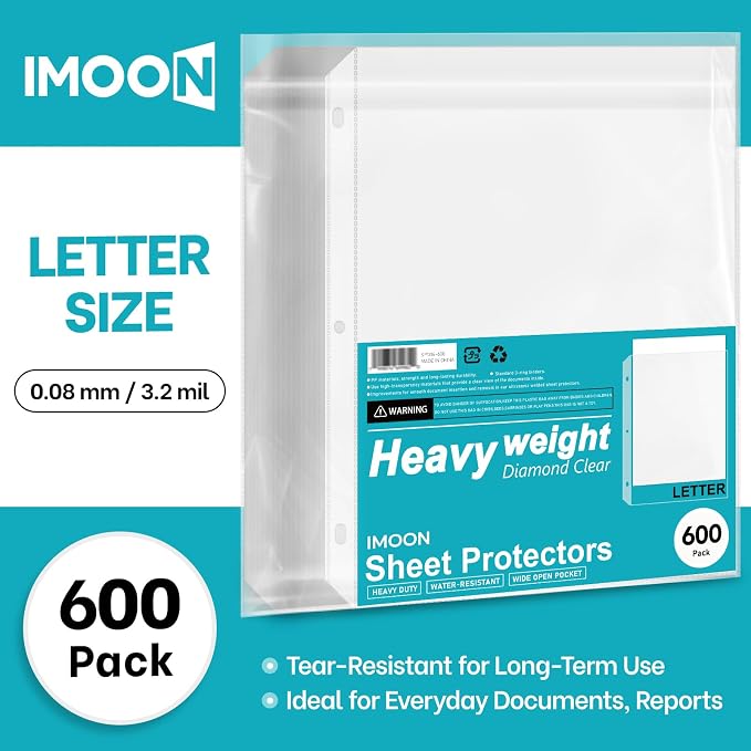 Heavyweight 3-Hole Letter Size Sheet Protectors - High Transparency Plastic Heavy Duty Sleeves for 3 Ring Binders, Archival Safe, Durable Page Protectors for Documents, 8.5x11 Inch (600 Pack) - Image 2