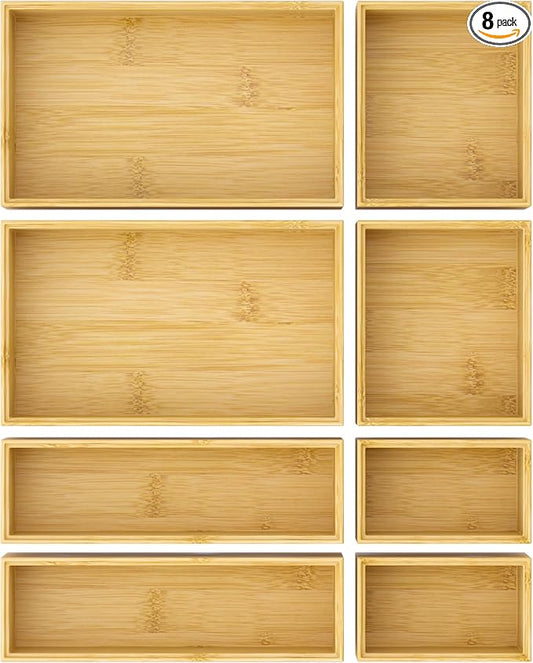 Bathroom Drawer Organizer Trays, Bamboo Silverware Drawer Organizer Kitchen Utensils, 8 PCS Wood Box Stackable Bins for Makeup, Office Desk, Vanity, Junk Drawer by Greatseas