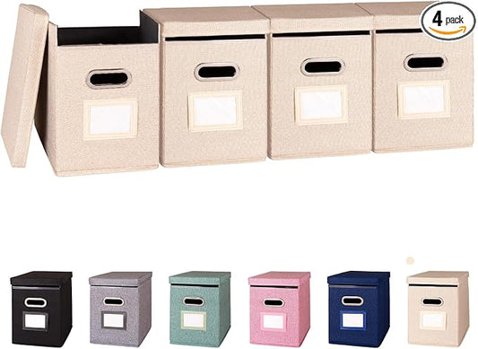 4 Pack Hanging File Folders Organizer with Lid, Letter Size Fabric File Storage Box Collapsible, Portable Office Document Holder with Metal Handle, Smooth PVC Rails, Beige by ComfortKeeper