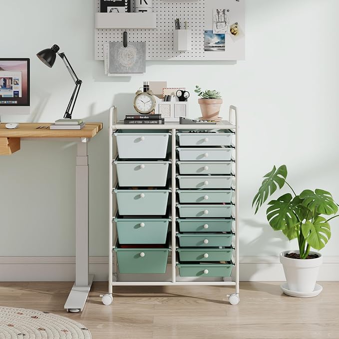 GOFLAME 15-Drawer Rolling Storage Cart, Craft Storage Cart with Removable Drawers & Lockable Wheels, Art Cart Supply Storage Organizer for Home Office Classroom, Green Gradient - Image 2