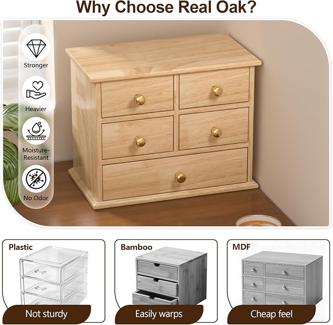 Oak Desk Organizer with Drawers, Durable Wooden Desktop Storage Box | 5 Drawer Tabletop Organizer with Metal Handles & Non-Slip Pads for Office, Bedroom, Bathroom, Vanity, Makeup Storage, Natural - Image 3