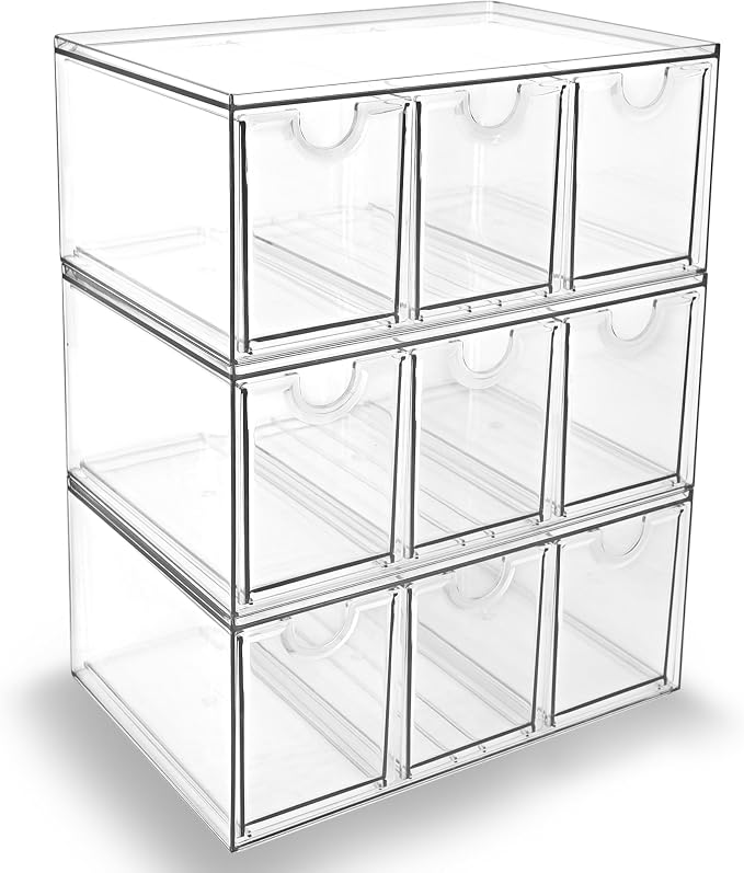 Prsildan Craft Art Supply Organizer Stackable Storage Drawer with 9 Drawers | Clear Acrylic, Tea Bag K Cup Organizer, for Kitchen Office Desk Vanity Makeup Organizer, 3 Pack by Prsildan