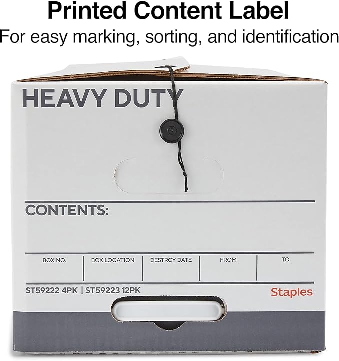 STAPLES Storage & Filing Box, Heavy-Duty with Handles & String-Button Lid, Letter Size Documents, Stackable, 4-Pack, White/Gray | Heavy-duty boxes with handles and string-button lid for document storage. - Image 5