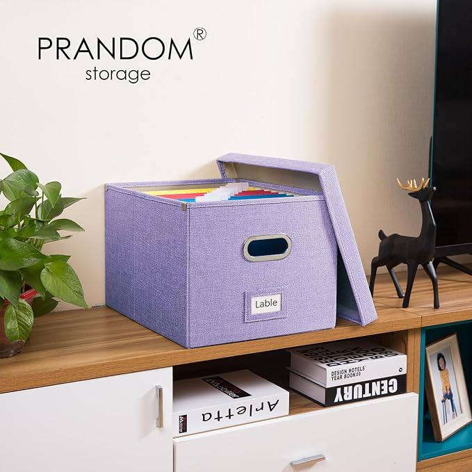 File Organizer Box - Set of 4 Collapsible Decorative Linen Filing Storage Hanging File Folders with Lids Office Cabinet Letter/Legal Size Purple 17.1x14x11.1 inch - Image 2